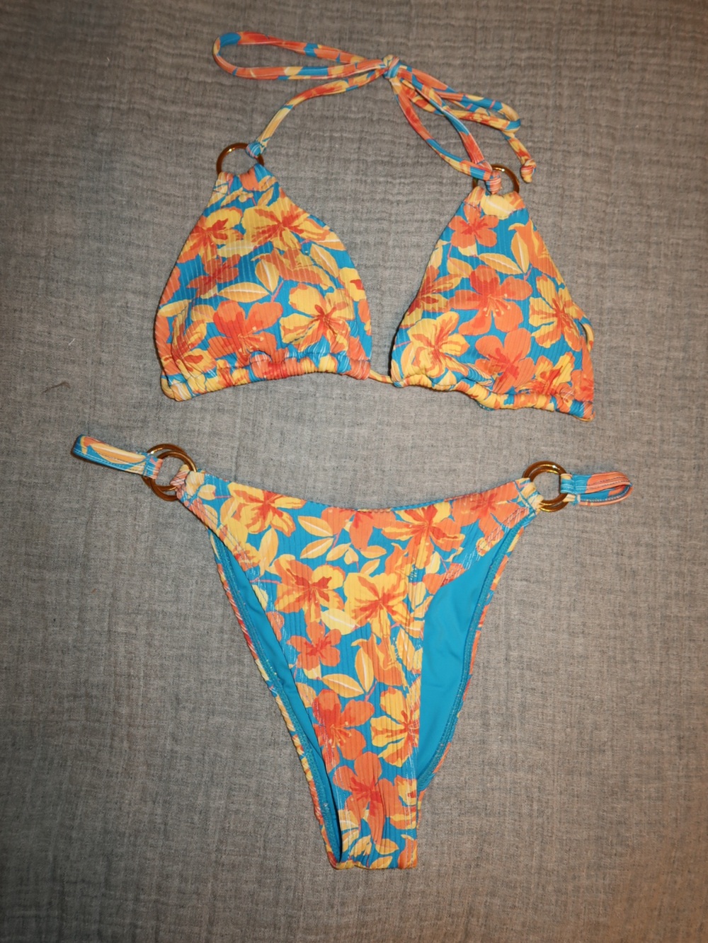PacSun Blue Floral Halter Bikini with Orange Accents